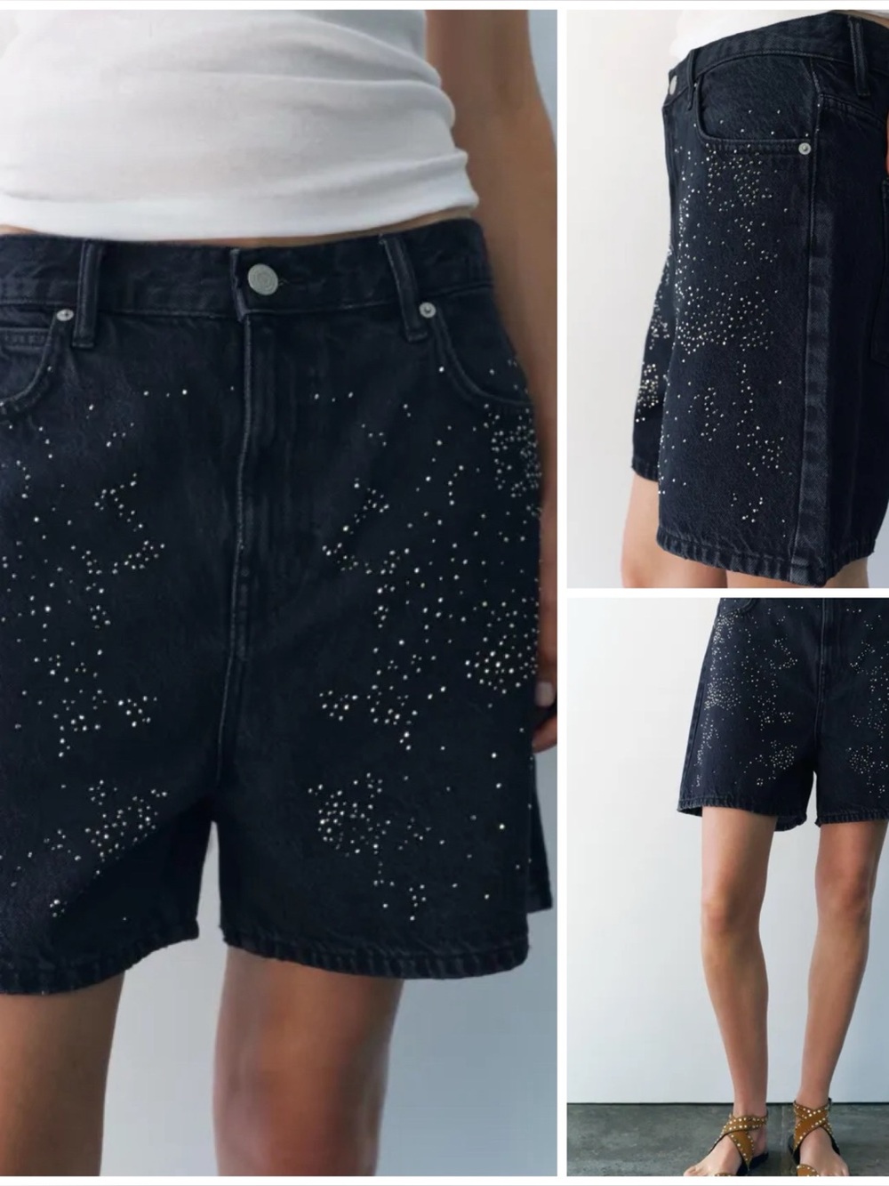 ZARA ~ Mid-rise denim shorts with rhinestones / Sparkly Bermuda
